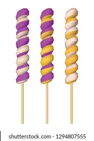 Blueberry and BananaTwisted Lollipops Isolated on White Background. Striped Candies in Purple Yellow and White. Vector Low Poly Realistic Illustration.