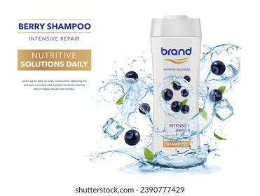 Cosméticos de arándano azul con salpicaduras de agua. acondicionamiento de productos para el cuidado del cabello, nuevos cosméticos y publicidad de productos naturales de belleza banner vectorial con tubo de loción o champú, cubos de hielo salpicar y bayas