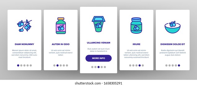 Blueberry Berry Food Onboarding Icons Set Vector. Blueberry Juice And Yogurt, Ice Cream And Pie, Jam And Tea, Sweet Drink Cup And Package Illustrations