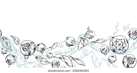 Blueberry blackberry flying in water splashes with drops, hand drawn in ink vector, ripe sketch forest berry and leaves. Seamless banner illustration for restaurant, cafe menu, wedding, farmers market