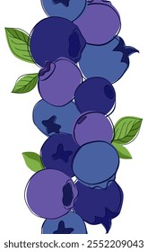 Blueberry blackberry with green leaves seamless vertical border.  hand drawn in graphic outline style, forest berry on branches. Seamless banner garland illustration for restaurant, cafe menu,
