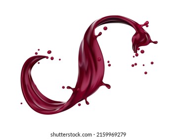 Blueberry or blackberry juice and yogurt isolated splash. Burgundy wine wave flow with drops. Vector liquid vinous splashing of alcohol or refreshing drink. Blood dynamic motion realistic 3d