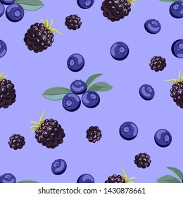 Blueberry and blackberry seamless pattern on blue background. Ripe  berries with leaves. Vector illustration of fruits in cartoon flat style.