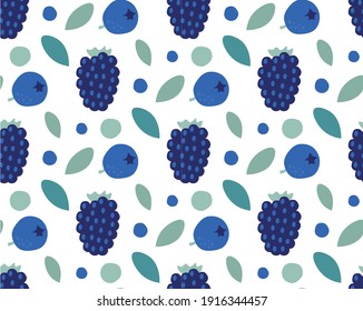 Blueberry and blackberry seamless vector pattern. Summer organic fruit background. Trendy childish pattern for decoration, poster, textile. Simple vector illustration with vegetarian healthy food