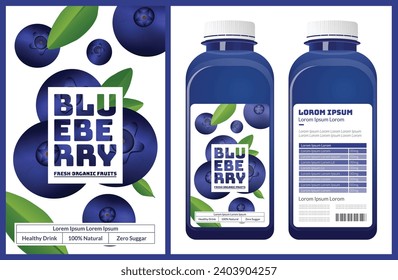 BLUEBERRY. bottle. packaging of fresh and juicy fruits with juice bottle. Fresh organic product. Text with vector illustration realistic fruits on abase. Template for your product.