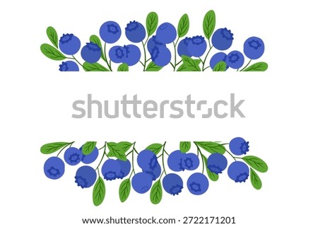 Blueberry branch border with ripe berries and green leaves drawn in clean hand drawn vector style isolated on white background. The illustration represents healthy food, summer harvest