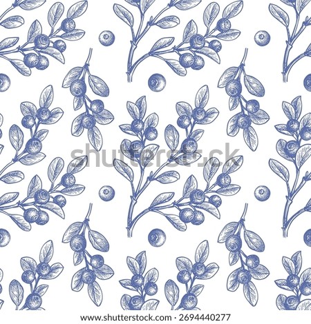 Blueberry branch seamless pattern. Ink sketch. Hand drawn vector illustration. Vintage style.