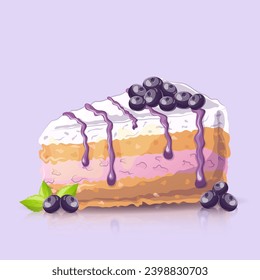 Blueberry cake in cartoon style on purple background. Vector illustration for poster, banner, website, advertisement. Vector illustration with colorful sweet dessert. Vector illustration