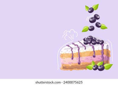 Blueberry cake in cartoon style on purple background. Doodle. Vector illustration for poster, banner, website, advertisement. Vector illustration with colorful sweet dessert. Vector illustration