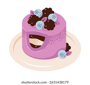 Blueberry cake with icing and crumble in flat vector style. A sweet and festive dessert for bakery, birthday, or holiday themes.