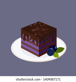 Blueberry cake with layers of dark biscuit, topped with chocolate. It stands on a white round plate. Ripe large blueberries with green leaves