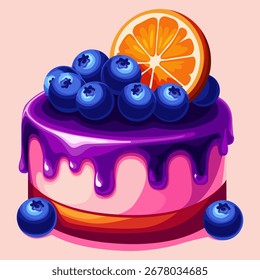 Pastel de arándanos con rebanada de naranja y glaseado púrpura – Ilustración de postre de Vector