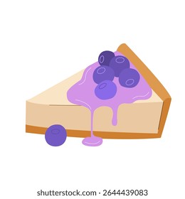 Blueberry cake piece. Birthday dessert. Holiday cake slice with berry illustration. Flat sweet vector clip art isolated on white. 