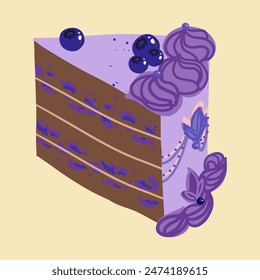 Rebanada de tarta de arándano. Dulce y sabroso pastel de arándanos. Decoración en color crema violeta. Comida retro de moda. Ilustración vectorial aislada dibujada a mano. Fiesta, cumpleaños, boda, diseño de la celebración del aniversario