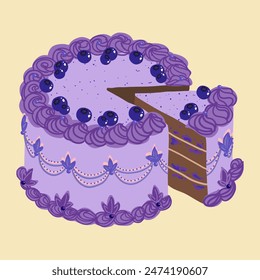 Blueberry cake. Sweet tasty bilberry cake. Violet color cream decoration. Retro trendy style food. Hand drawn isolated vector illustration. Party, birthday, wedding, anniversary celebration design