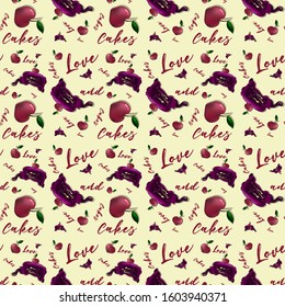 Blueberry Cakes and cherry seamless pattern with title love and cakes. Vector illustrtion for candy shops or other. 