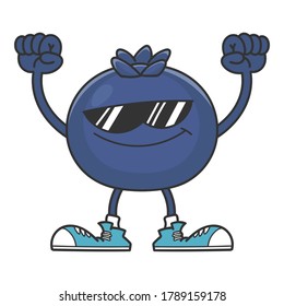 Blueberry cartoon character with sunglasses isolated on white