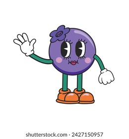 Blueberry cartoon funky character with face, leg and arm, wearing glove and shoes, waving hand with smiling expression. Blueberry Retro cartoon, groovy characters for icon mascot logo