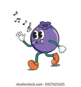 Blueberry cartoon funky character, walking and waving hand. Berry mascot wearing glove and shoes. Blueberry Retro cartoon, groovy characters for icon mascot logo