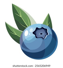 Blueberry in cartoon style on a white background. Vector illustration. Cute Blueberry Icon fruit vector illustration. Berry design. fresh, ripe closeup berry with green leaves.