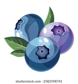 Blueberry in cartoon style on a white background. Vector illustration. Blueberry Icon fruits vector illustration. Berry design. Fresh, ripe closeup berries with green leaves. Blueberry composition. 