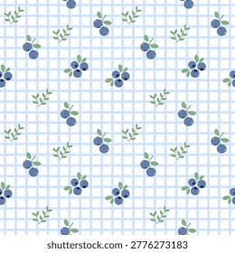 Blueberry Checkered Seamless Pattern for Cute Botanical Fabric, Wallpaper and Fresh Nature Background