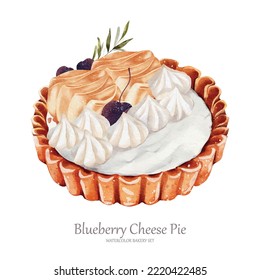 Blueberry cheese pie watercolor vector element design great for cards, banners, headers, party posters or decorate your artwork.