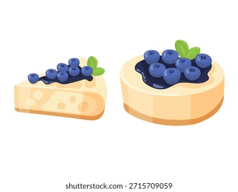 Tarta de queso de arándanos. Clipart de Vector plano, ilustración con fondo aislado.