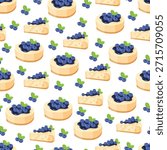Blueberry cheesecake seamless pattern. Flat vector clipart, illustration with isolated background.