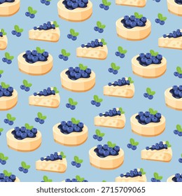 Patrón sin fisuras de la tarta de queso de arándano. Clipart de Vector plano, ilustración con fondo aislado.