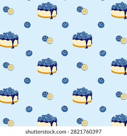 Blueberry cheesecake seamless pattern with fresh berries and slices for bakery wrapping paper and fabric texture