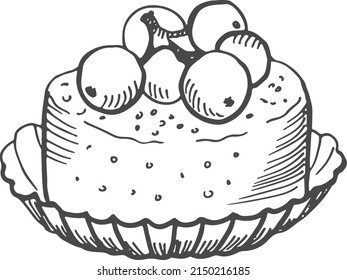 Blueberry cheesecake sketch. Hand drawn sweet dessert