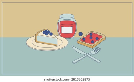 Blueberry cheesecake slice on a plate next to a jar of jam, jam toast, and cutlery on a clean retro background.