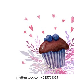 Blueberry chocolate muffin cute background. Watercolor illustration with hearts and floral wreath hand drawn in vector.