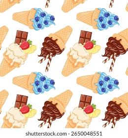 Blueberry, chocolate, strawberry, vanilla ice cream cone seamless pattern with melting creamy texture and berry on top in cartoon style. Refreshing summer design for sweet theme, fruit concept.
