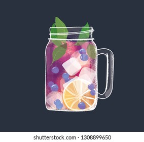 Blueberry cocktail in mason jar with ice and mint  isolated on a black background.  Icy mojito stylish vector illustration