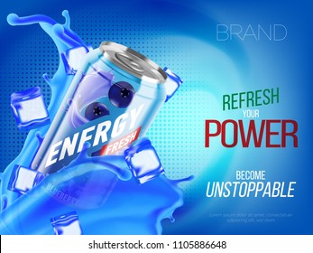 Blueberry Cold Energy Drink In Metal Can With Ice And Juice Splash Advertising Banner, Soda Water Branding Ready Mockup High Quality 3d Vector Realistic Illustration