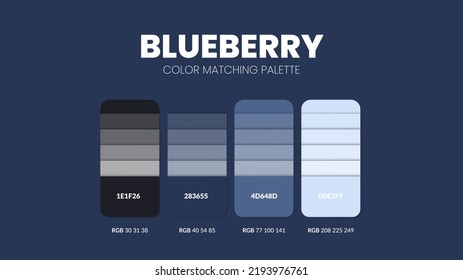 Blueberry color guide book cards samples. Color theme palettes or color schemes collection. Colour combinations in RGB or HEX. Set of trend color swatch cataloque inspiration for fashion or design.