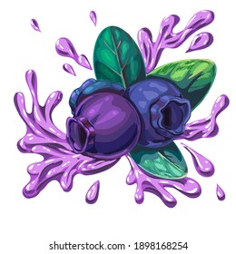 composición de arándanos con hojas y yogur, leche o jugo salpicados. cóctel violeta, gotas suaves con frutilla. ilustración de sabor a bizcocho. logotipo, plantilla de diseño de etiquetas para anuncios, embalaje