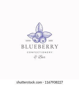 Blueberry Confectionary Abstract Vector Sign, Symbol or Logo Template. Hand Drawn Blueberry Sketch Sillhouette with Elegant Retro Typography. Vintage Luxury Emblem. Isolated.