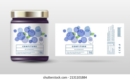 Blueberry confiture. Sweet jam. Transparent berry fruits. Label and packaging simple design.