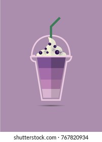 blueberry  cream frappe for takeaway logo template. Vector cold iced drink cup with cream and drinking. Vector isolated flat icon for fast food cafe, cafeteria or coffeehouse design element