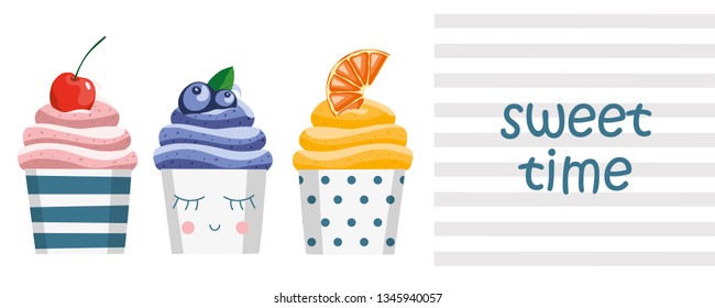 Blueberry cupcake, cherry cupcake and orange cupcake on a white background in paper cups. Three muffins in a row with cream of cherry, blueberry and orange. Decorated with cherry, blueberry and orange
