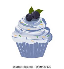 Blueberry cupcake with blueberry cream and berries, colourful sprinkles, vector illustration on white background