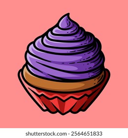 blueberry cupcake with cream cartoon isolated colored drawing line art style sketch classic vintage design illustration