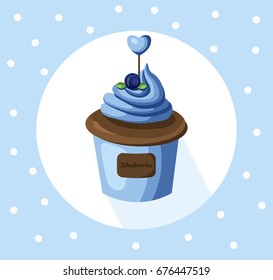 Blueberry cupcake muffin Vector illustration dessert. Template icon for menu, cafe, bakery. Vintage retro backgrounds