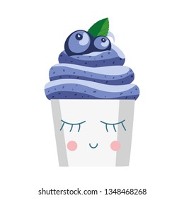 Blueberry cupcake on a white background in a cute paper cup. Muffin with blueberry cream decorated with berries and mint leaves. Blueberry Muffin.
