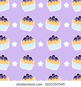 Blueberry cupcake padrão sem costura com estrela branca. Pode ser usado para papel de parede, papel de embrulho, decoração, tecido de moda