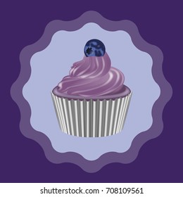 A blueberry cupcake. A simple layout, like a label with purple gradient colors, highlights this cupcake decorated with a small blueberry.