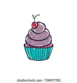 A blueberry cupcake with a small cherry